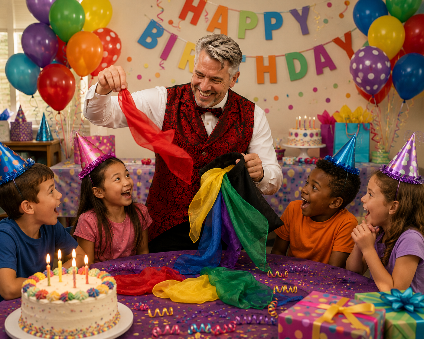 Birthday party magic show with Tres entertaining children