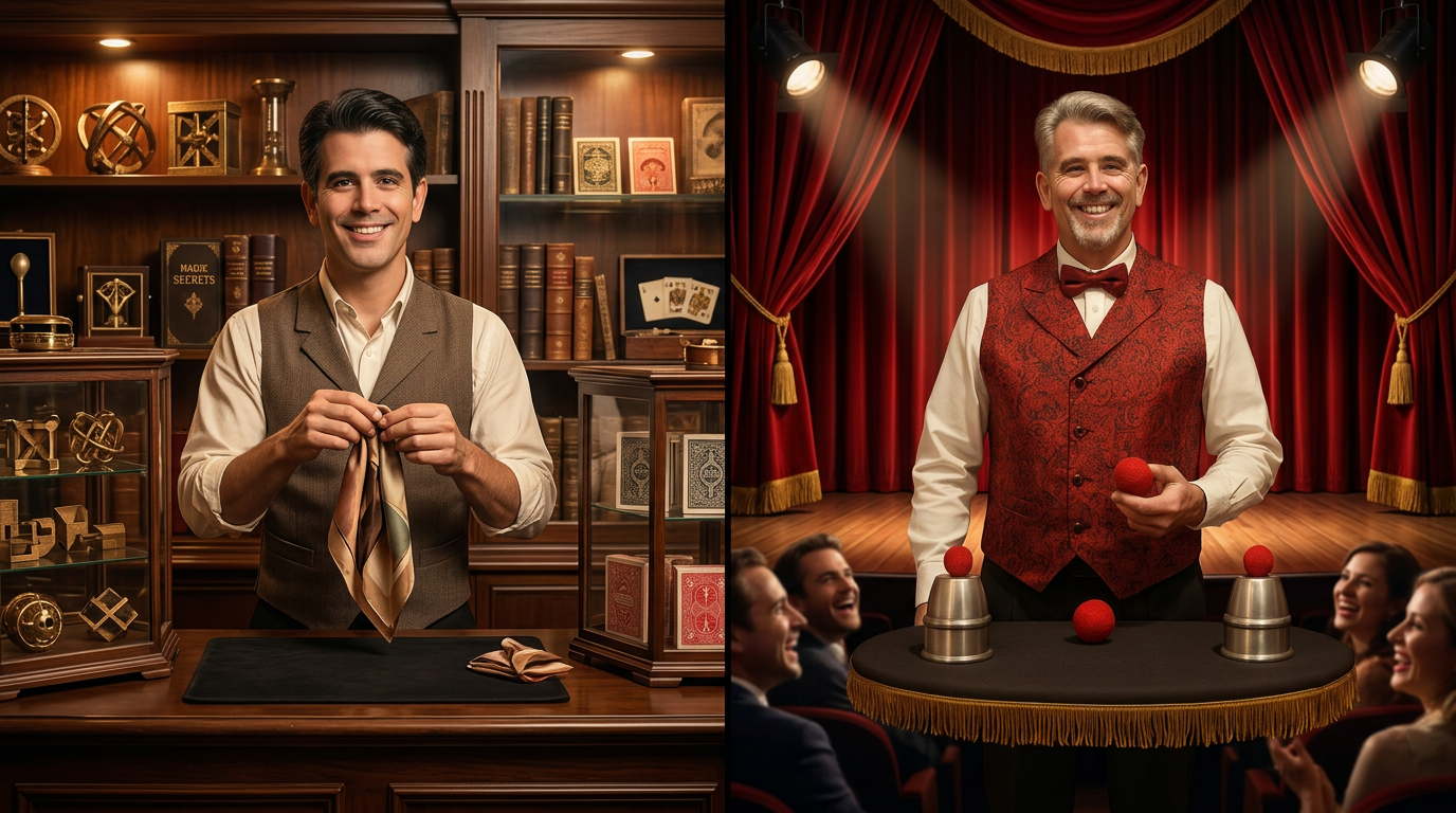 Split image showing a young magician demonstrating tricks in a magic shop and the present-day Tres the Great performing on stage for a laughing audience.