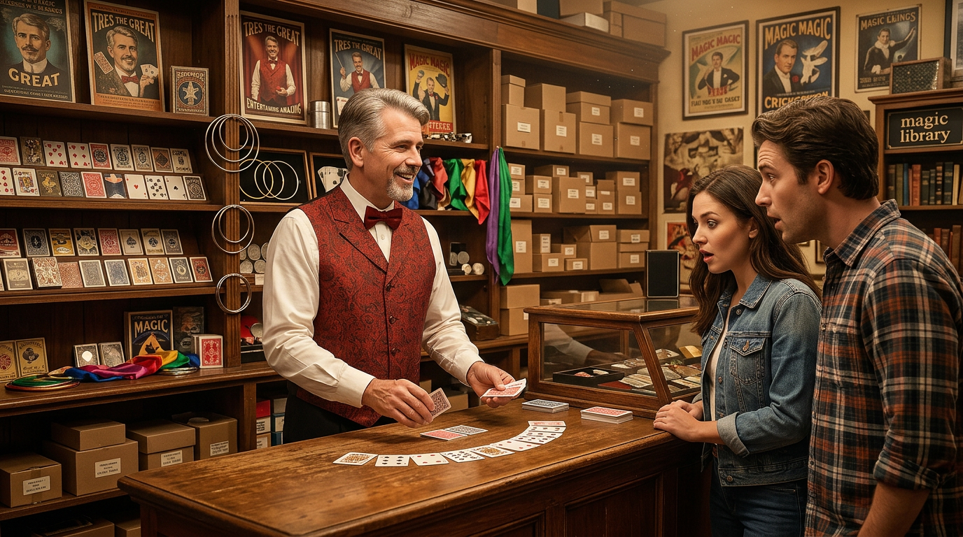 Tres the Great behind the demonstration counter of a classic neighborhood magic shop, showing a card trick to fascinated customers.