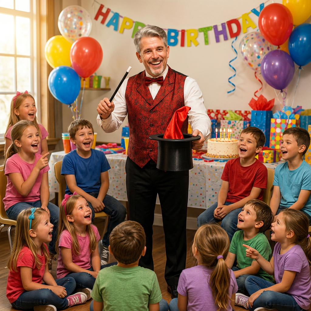 Tres the Great in a red paisley vest and red bow tie performing at a multigenerational Utah birthday party — kids, teens, and adults all reacting with surprise and laughter.