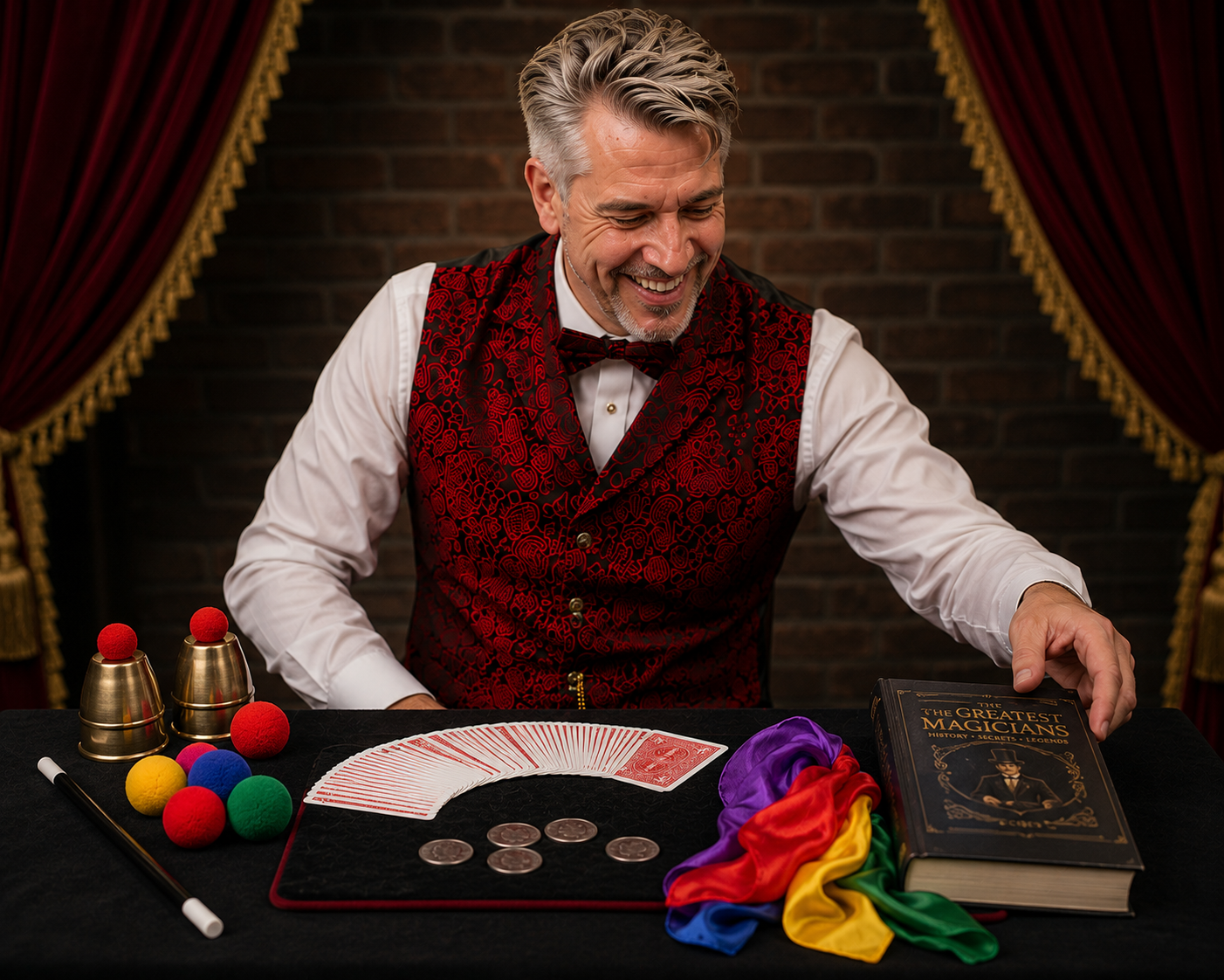 Tres the Great smiling behind a table set with cards, cups and balls, silks, and a book of great magicians