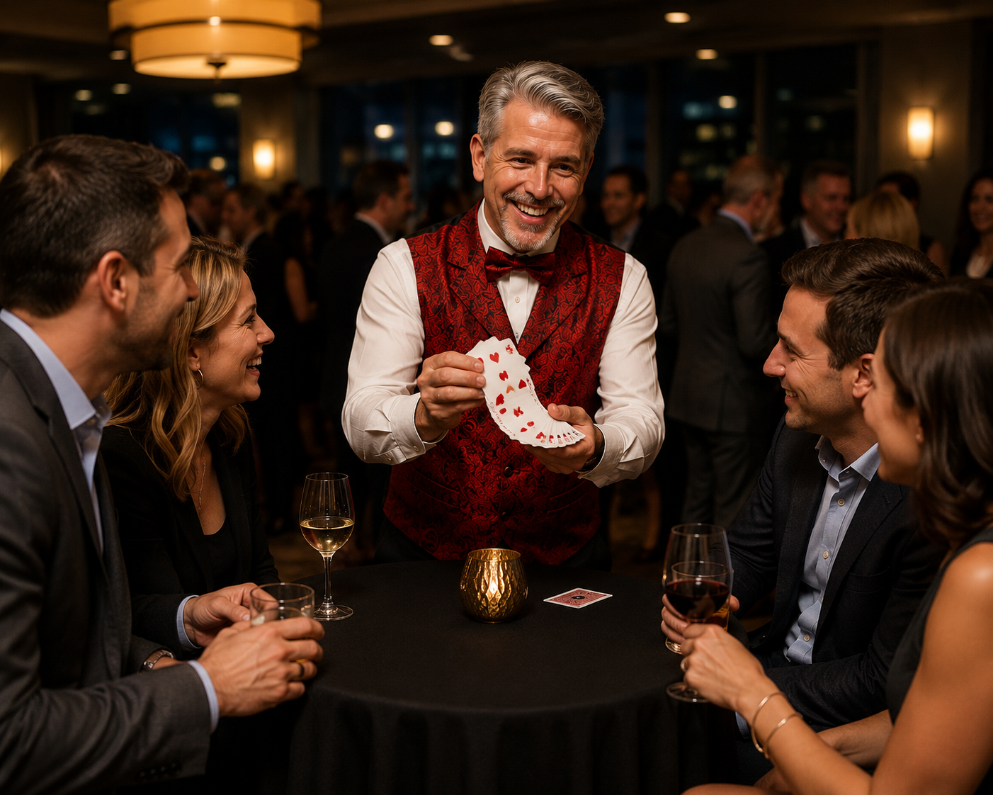 Tres the Great performing close-up corporate magic for guests gathered around a cocktail table at a Utah company event