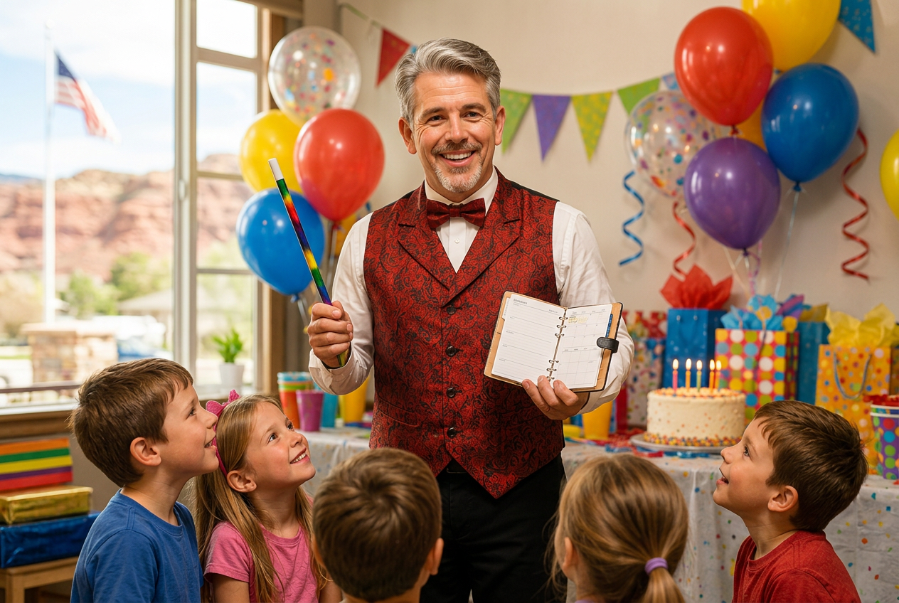 Tres the Great in a red paisley vest and red bow tie holding a party planner and a colorful wand at a bright Utah birthday party, with a cake and balloons in the background.