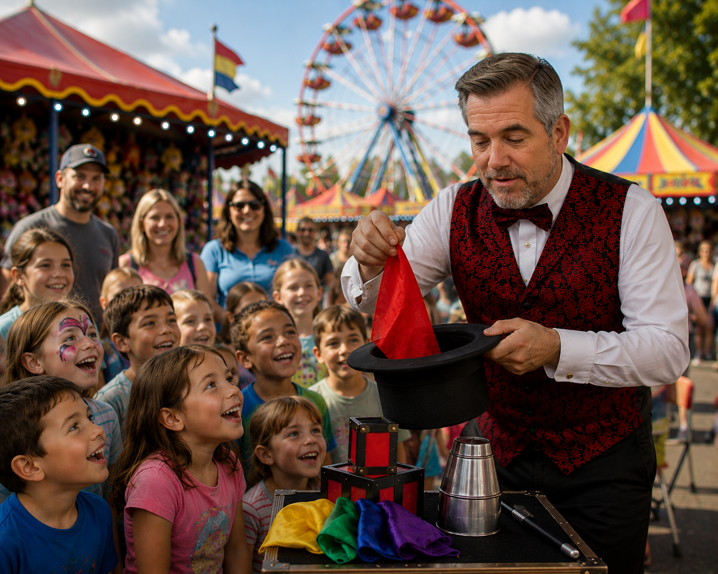 Tres the Great performing a featured community magic show for a large outdoor festival crowd in Utah
