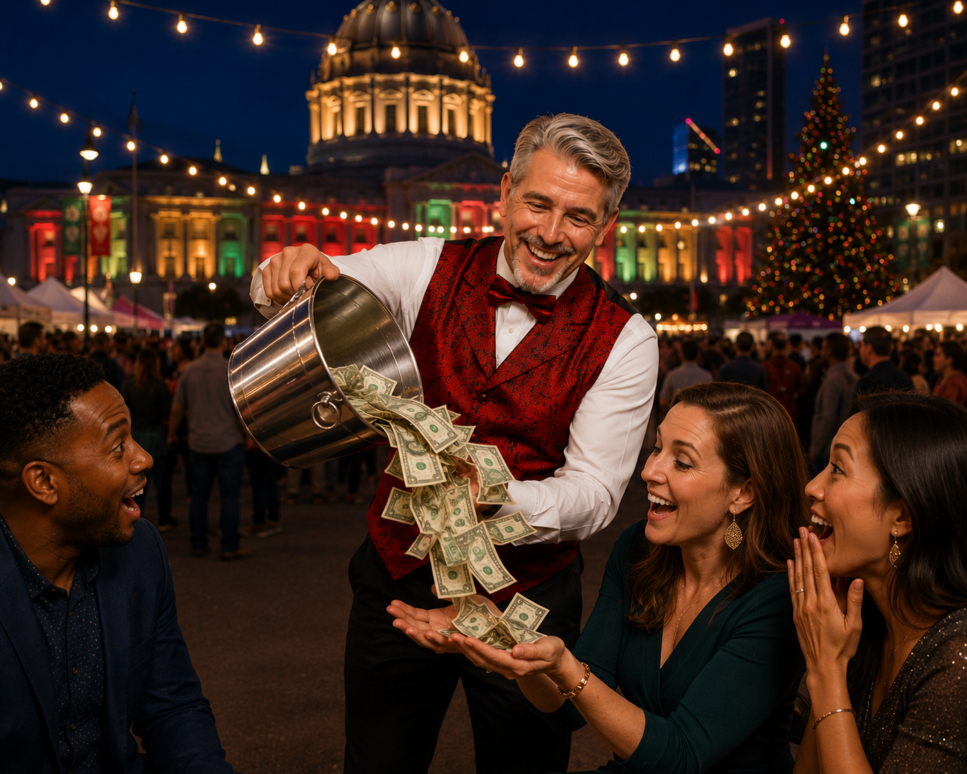 Tres the Great performing interactive magic for adults at a festive Utah city celebration at night