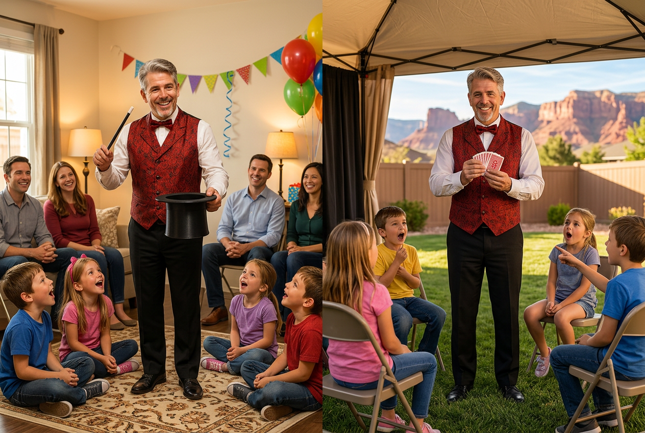 Tres the Great in a red paisley vest and red bow tie performing a birthday magic show — indoor living-room setup on the left and shaded outdoor Utah backyard setup on the right.