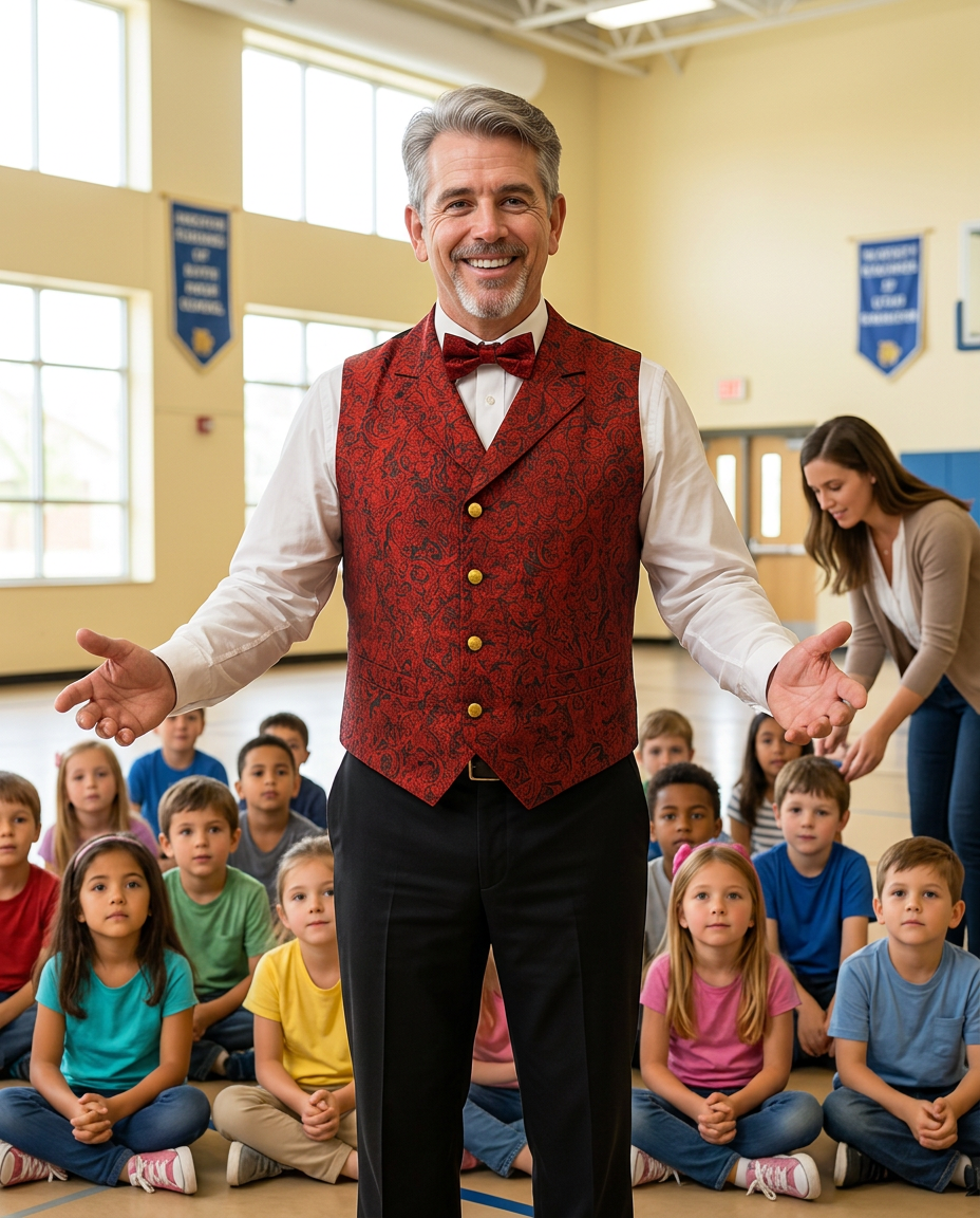 Tres the Great greeting Utah elementary students seated on a gymnasium floor for a school magic assembly, with a teacher helping keep rows organized.