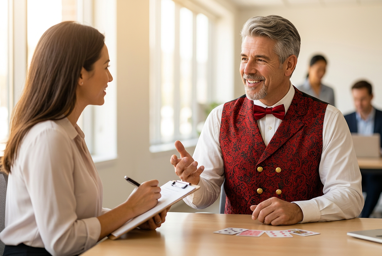 Tres Miller, performing as Tres the Great in a white dress shirt, red paisley vest with gold buttons, and red bow tie, discusses event details with an event planner taking notes.