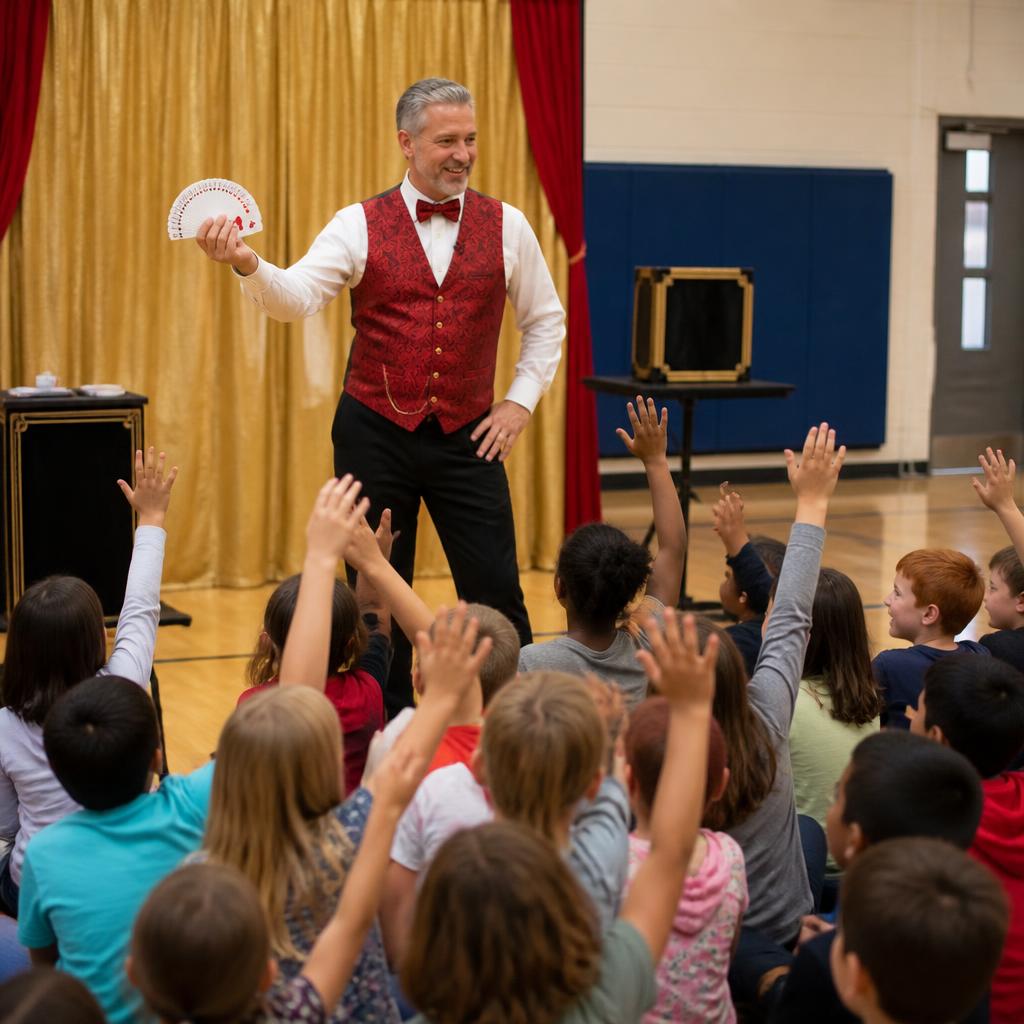 Tres the Great performing a clean school assembly magic show for elementary students in a Utah school gymnasium.