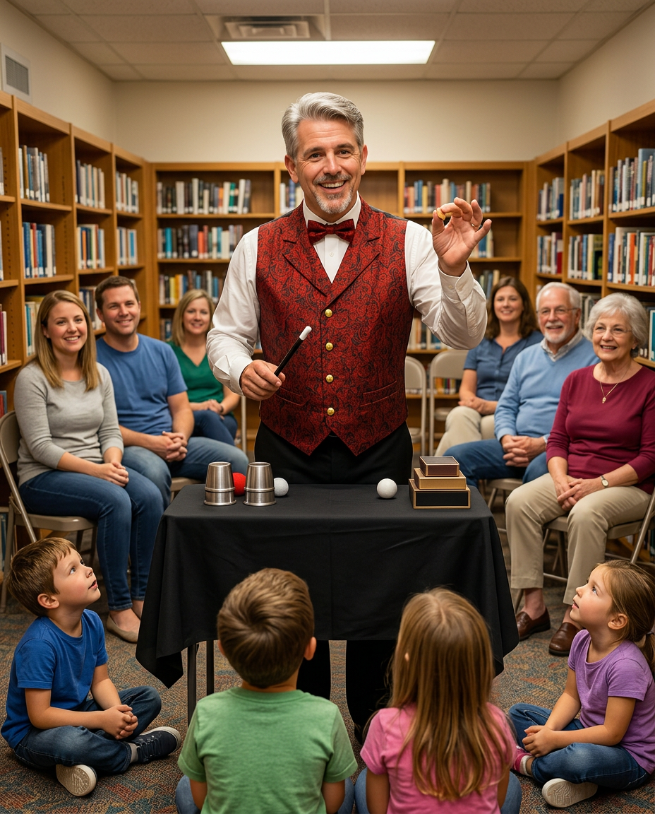 Tres the Great, in a white dress shirt and red paisley vest with red bow tie, performing a family magic show in a small library meeting room with children seated on the floor and adults on chairs behind them.