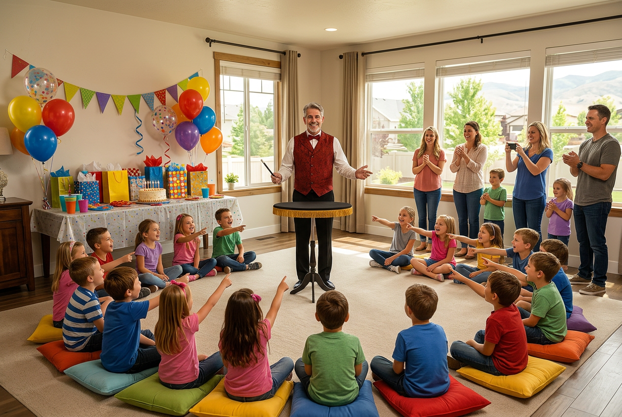 Tres the Great in a red paisley vest and red bow tie performing a birthday magic show in a bright Utah living room, with children seated in a half-circle on colorful cushions and parents watching from behind.