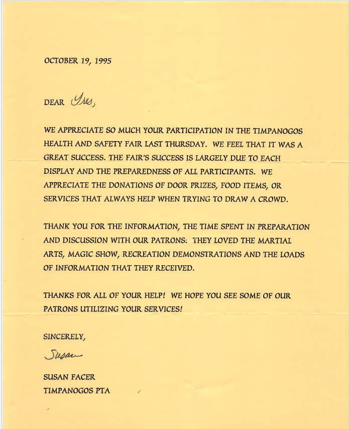 Letter from Susan Facer, Timpanogos PTA, October 19, 1995
