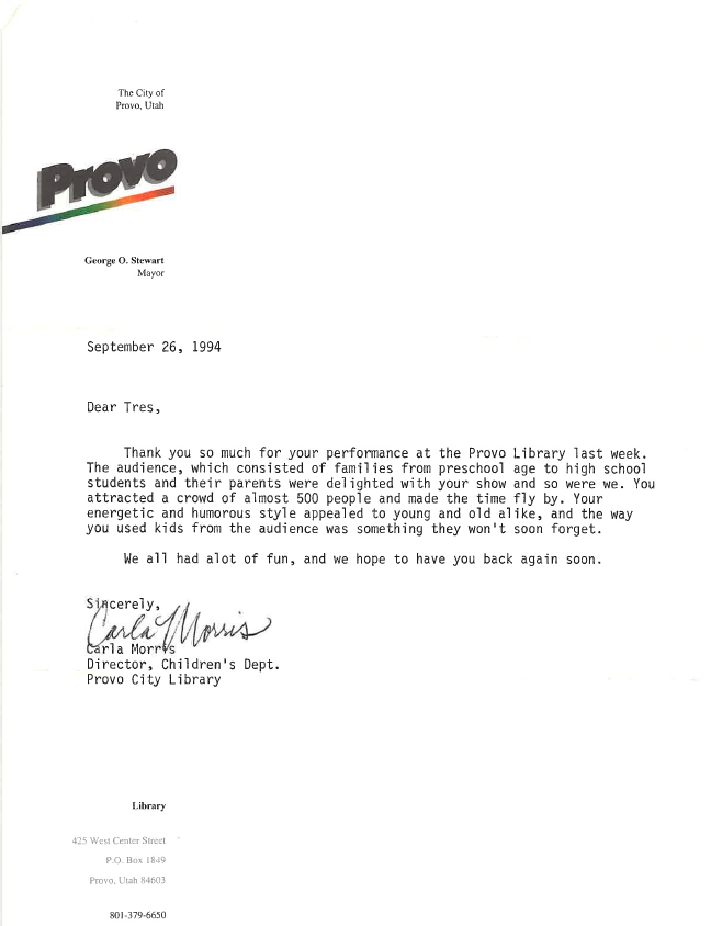 Letter from Carla Morris, Director, Children's Dept. — Provo City Library, September 26, 1994