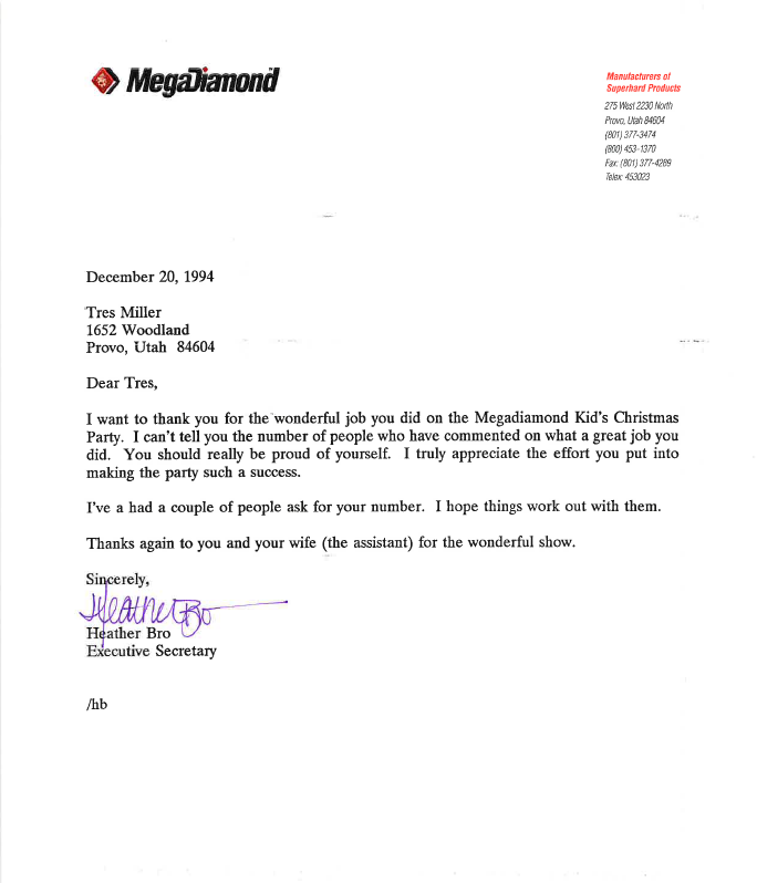 Letter from Heather Bro, Executive Secretary — MegaDiamond, December 20, 1994