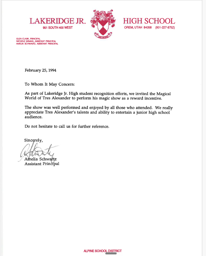 Letter from Amelia Schwartz, Assistant Principal — Lakeridge Jr. High School, February 25, 1994