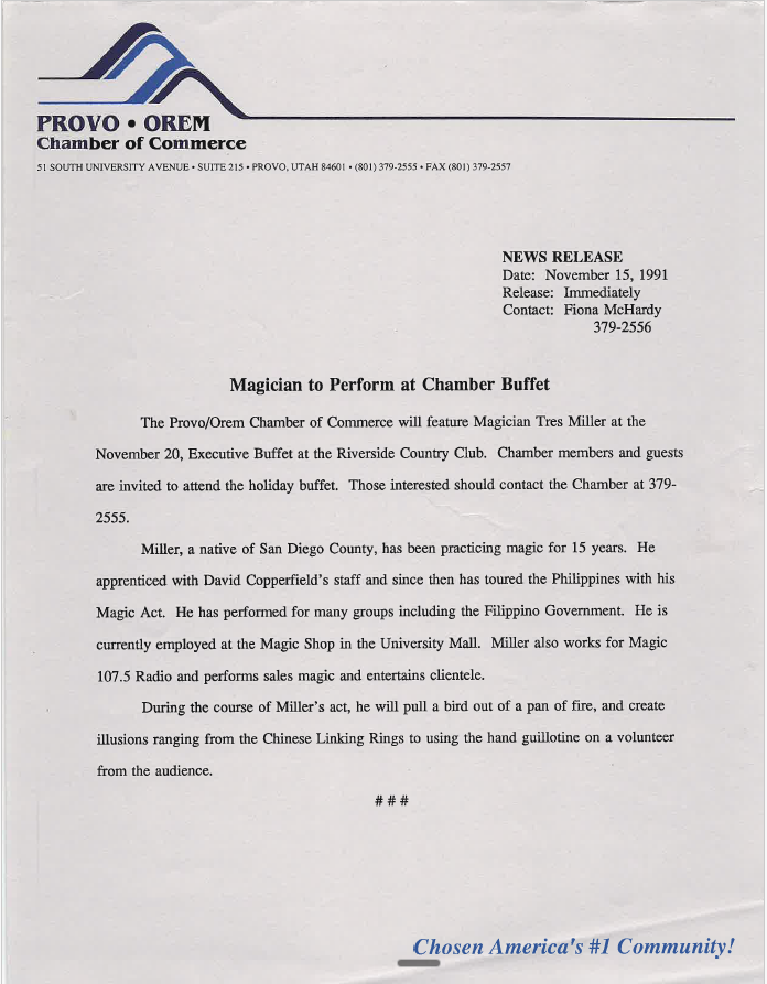 Letter from Fiona McHardy, Provo / Orem Chamber of Commerce, November 15, 1991