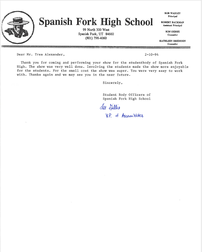 Letter from Student Body Officers, Spanish Fork High School, February 10, 1994