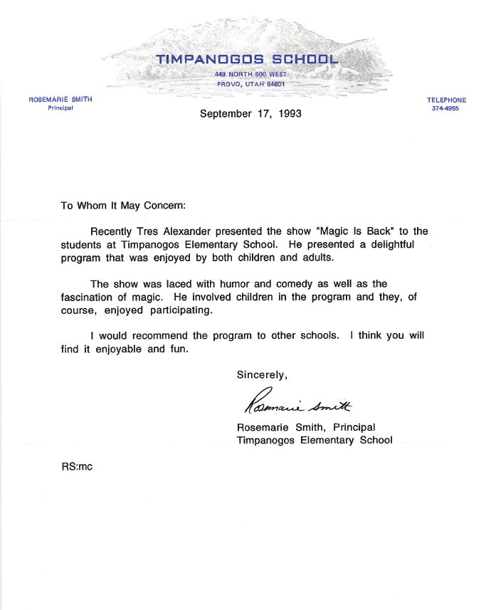 Letter from Rosemarie Smith, Principal — Timpanogos Elementary School, September 17, 1993