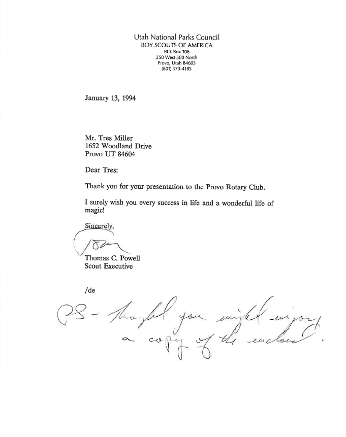 Letter from Thomas C. Powell, Scout Executive — Utah National Parks Council, Boy Scouts of America, January 13, 1994