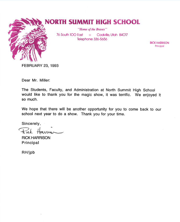 Letter from Rick Harrison, Principal — North Summit High School, February 23, 1993