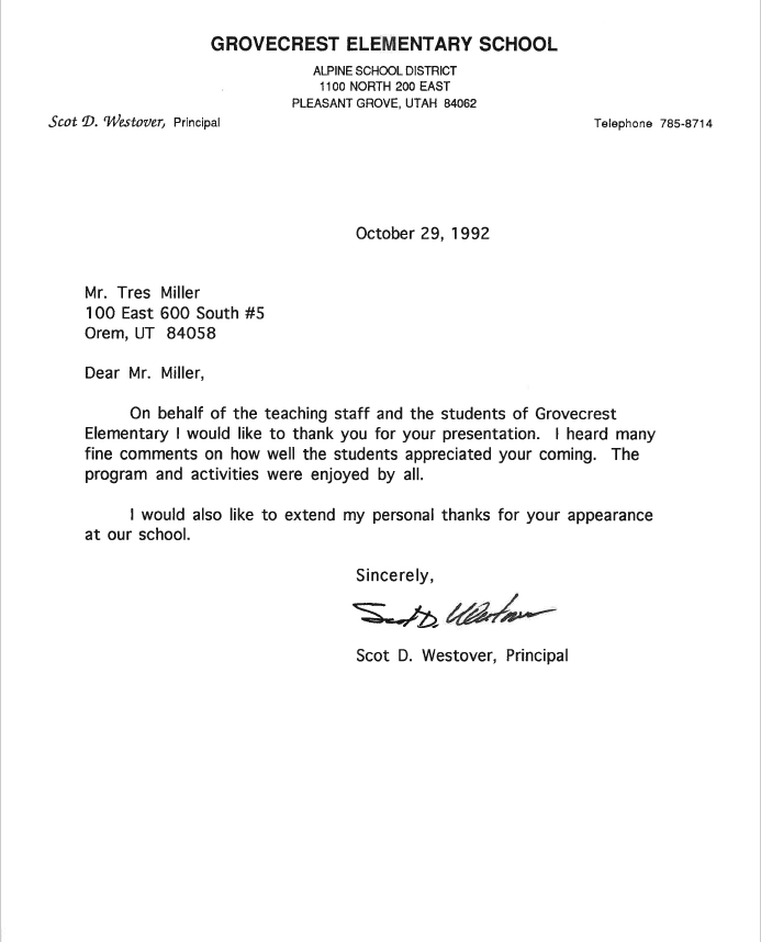 Letter from Scot D. Westover, Principal — Grovecrest Elementary School, October 29, 1992