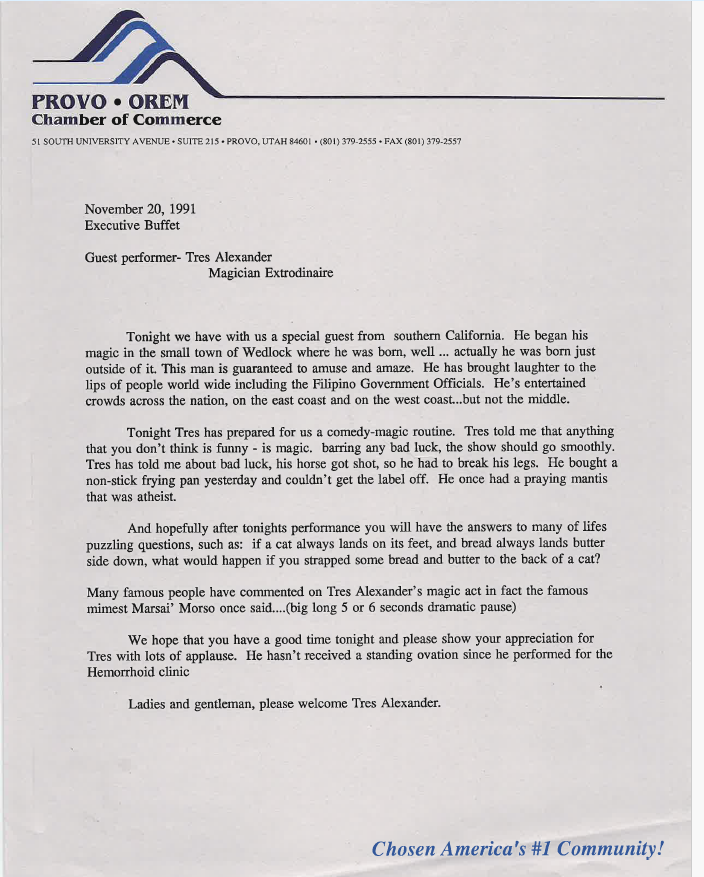 Letter from Provo / Orem Chamber of Commerce, Executive Buffet — Introduction Script, November 20, 1991