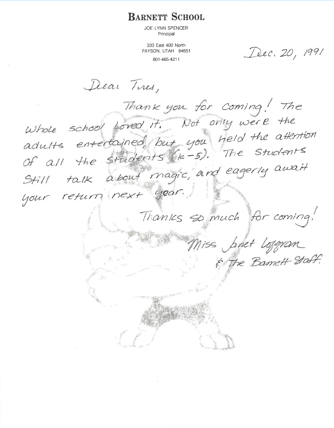 Letter from Miss Janet Lofgran &amp; the Barnett Staff, Barnett School, December 20, 1991