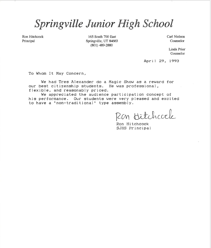 Letter from Ron Hitchcock, Principal — Springville Junior High School, April 29, 1993