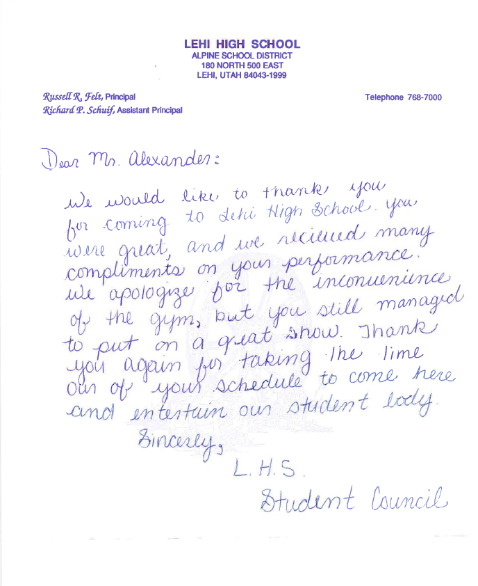 Letter from L.H.S. Student Council, Lehi High School, 1993