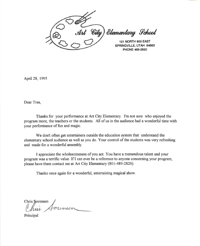 Letter from Chris Sorensen, Principal — Art City Elementary School, April 28, 1995