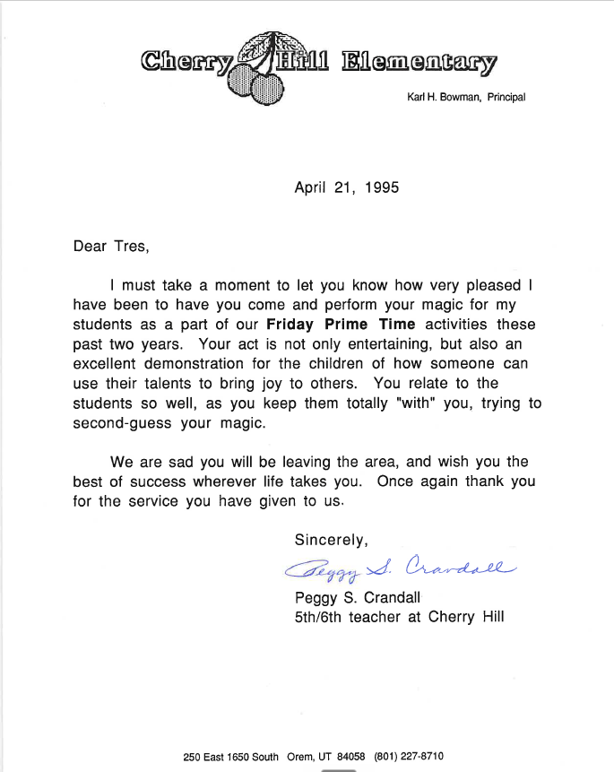 Letter from Peggy S. Crandall, 5th/6th Teacher — Cherry Hill Elementary, April 21, 1995