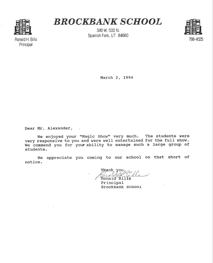 Letter from Ronald Bills, Principal — Brockbank School, March 2, 1994